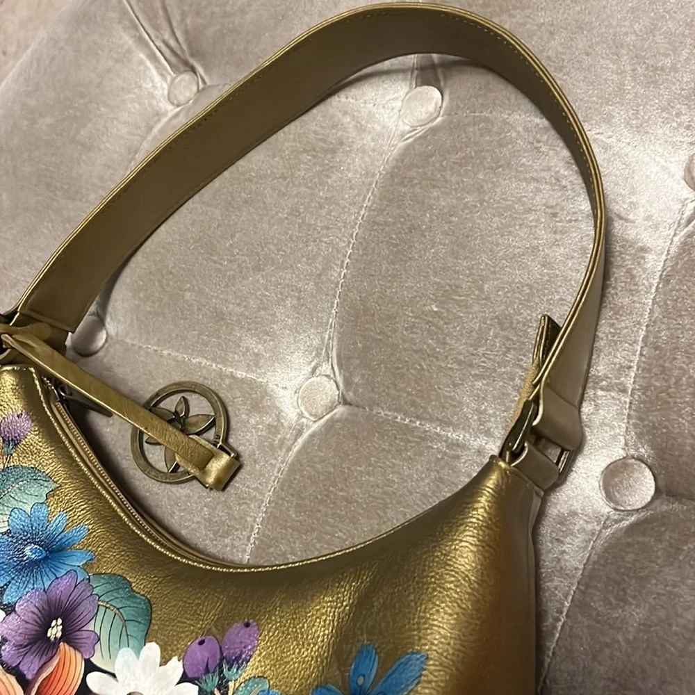 Anuschka hand painted leather golden hobo style shoulder bag